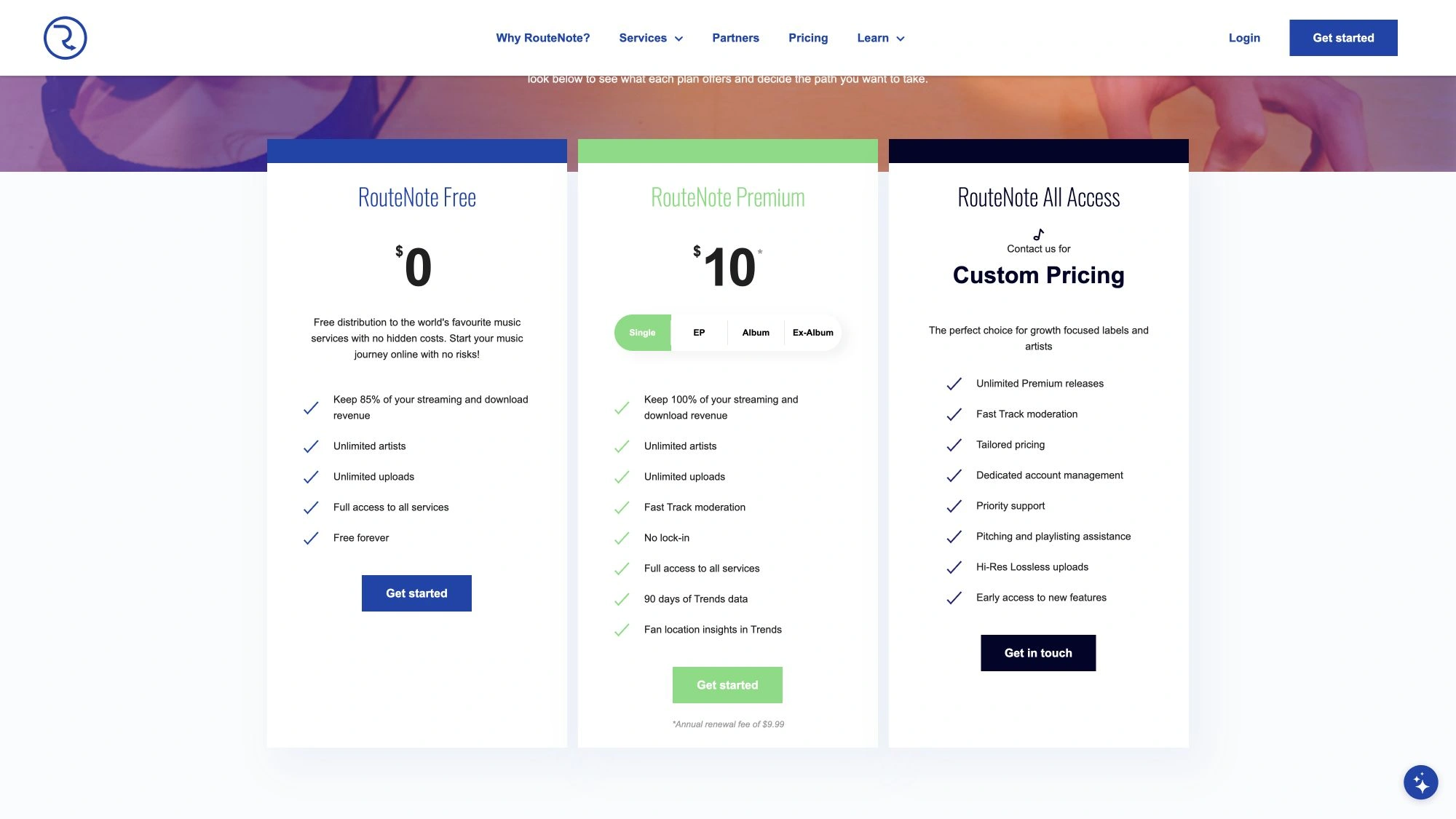 Тарифы RouteNote: бесплатный Free с 85% дохода артисту, Premium и All Access